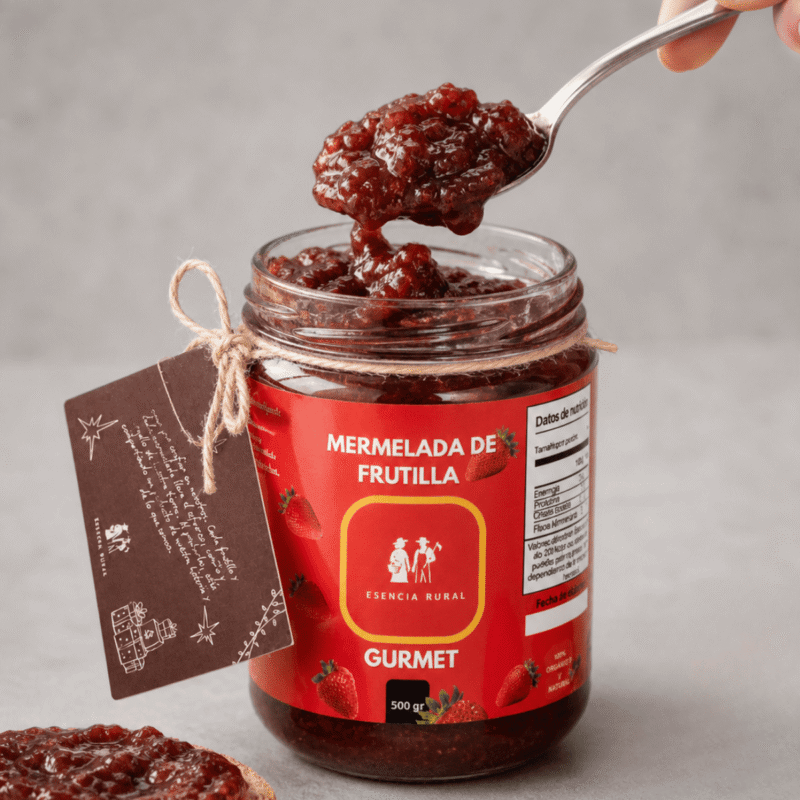 Cuchara levantando mermelada de frutilla artesanal Esencia Rural, mostrando una textura densa con trozos enteros de fruta natural y almíbar brillante sobre el frasco abierto.